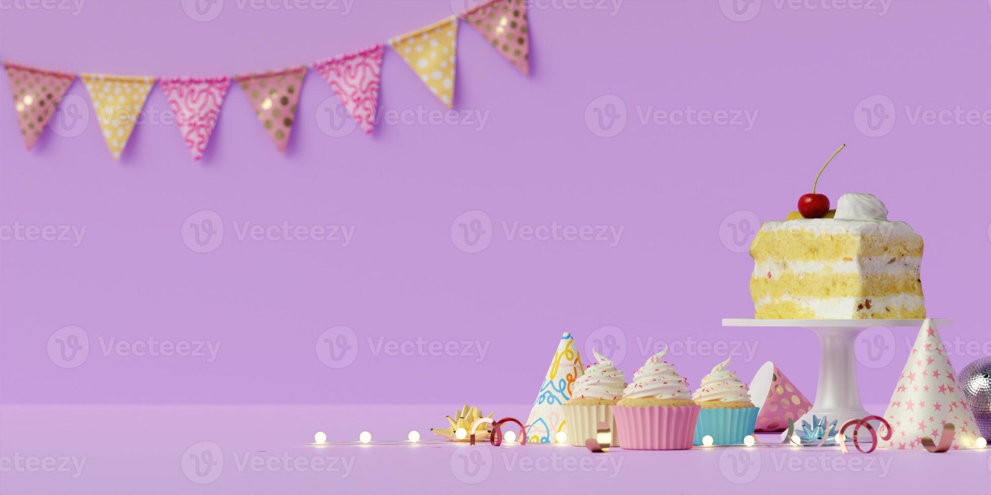 Cake and Cupcakes, Festive Celebration Setting 3D Render Description. photo