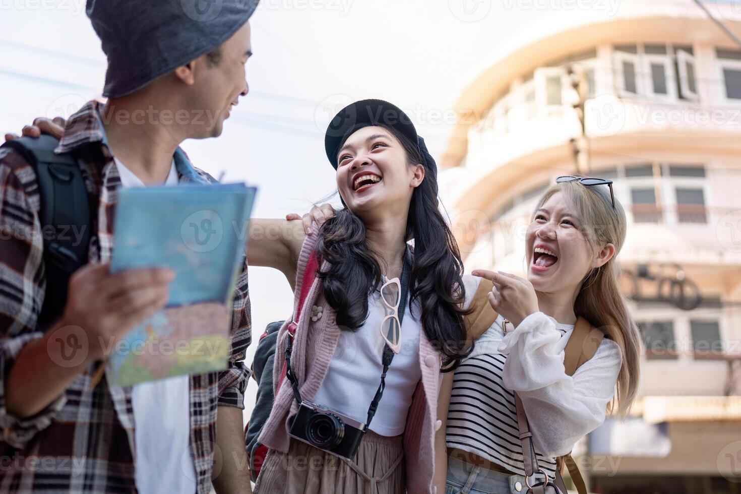 Travel adventures with friends urban cityscape travel vibrant street candid moments joyful connections photo