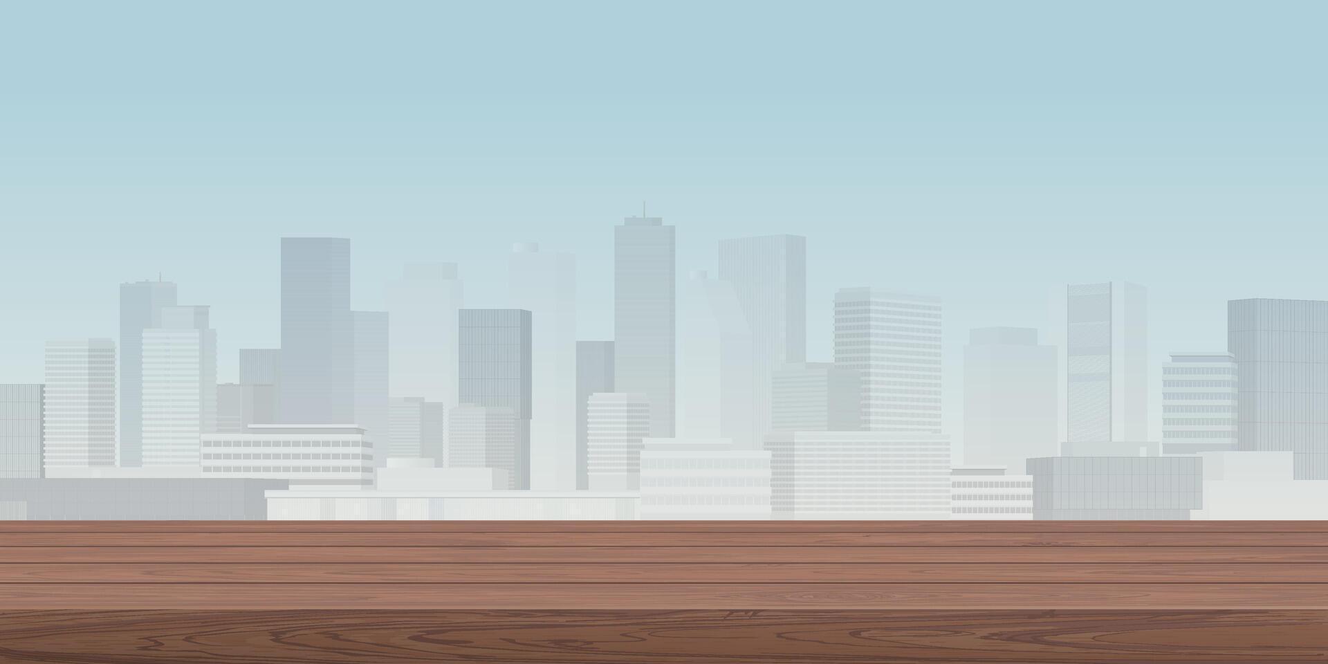 wooden counter mocha mousse tone have blank space for place the products presentation or advertisement with cityscape and blue sky background graphic illustration. vector