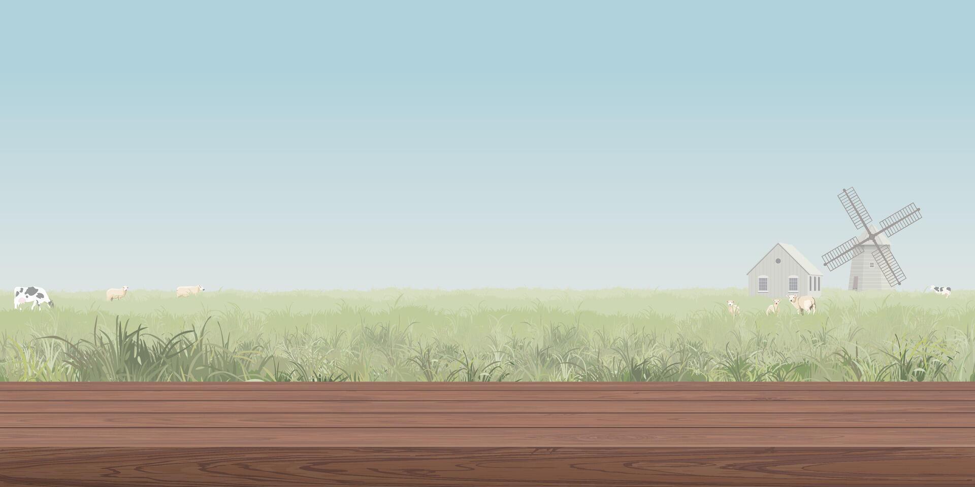 wooden counter mocha mousse tone have blank space for place the daily products presentation or advertisement with agriculture landscape and blue sky background graphic illustration. vector