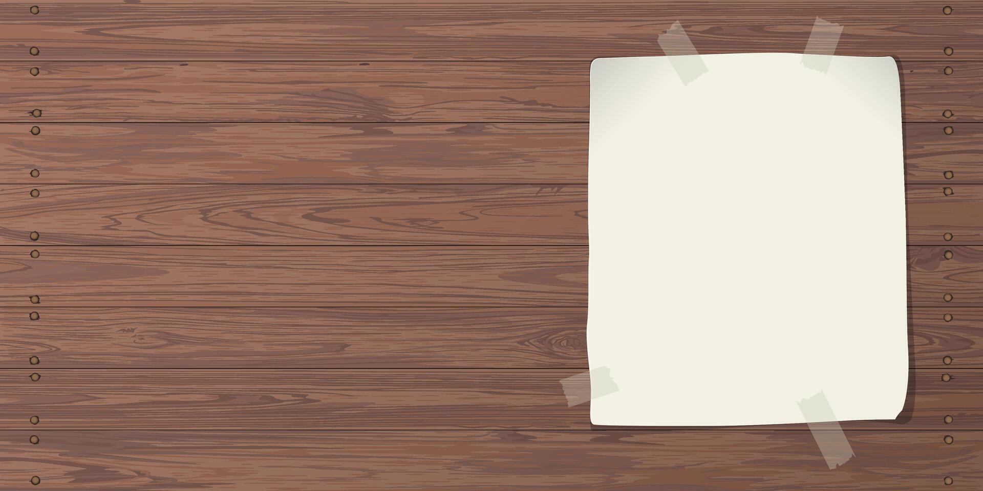 Blank old paper poster stuck with adhesive tape on Cut timber panels background graphic illustration have blank space. vector