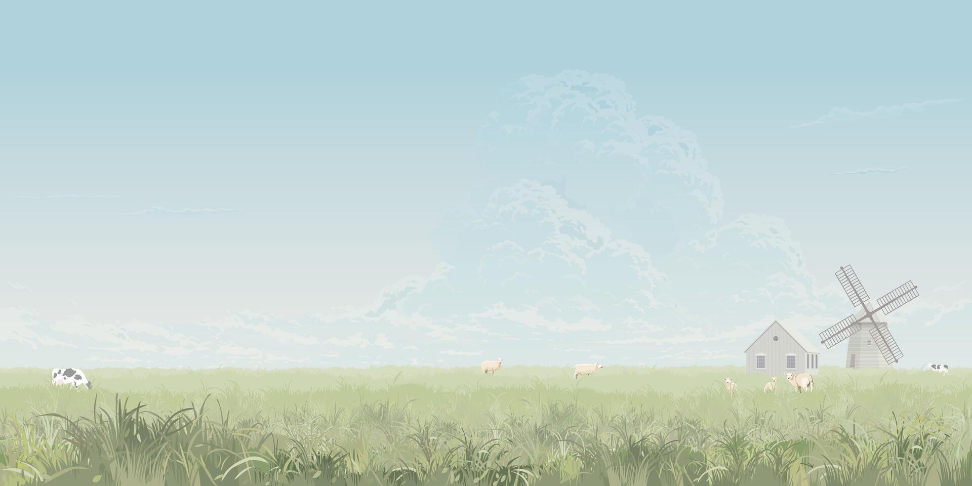 Minimalist agriculture landscape with country house and wind turbine have blue sky background. Farmland in spring season concept graphic illustration. vector