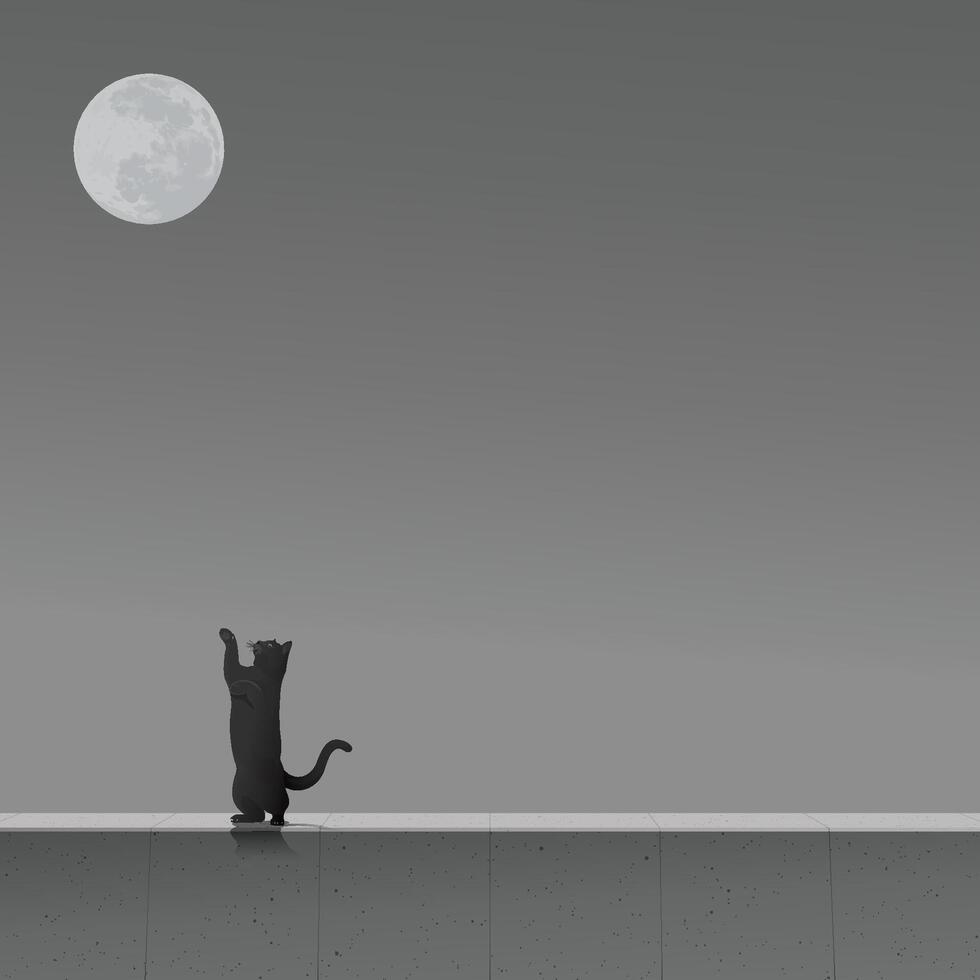 Black cat standing on cement barrier and try to reach out and grab the moon graphic illustration have blank space. vector