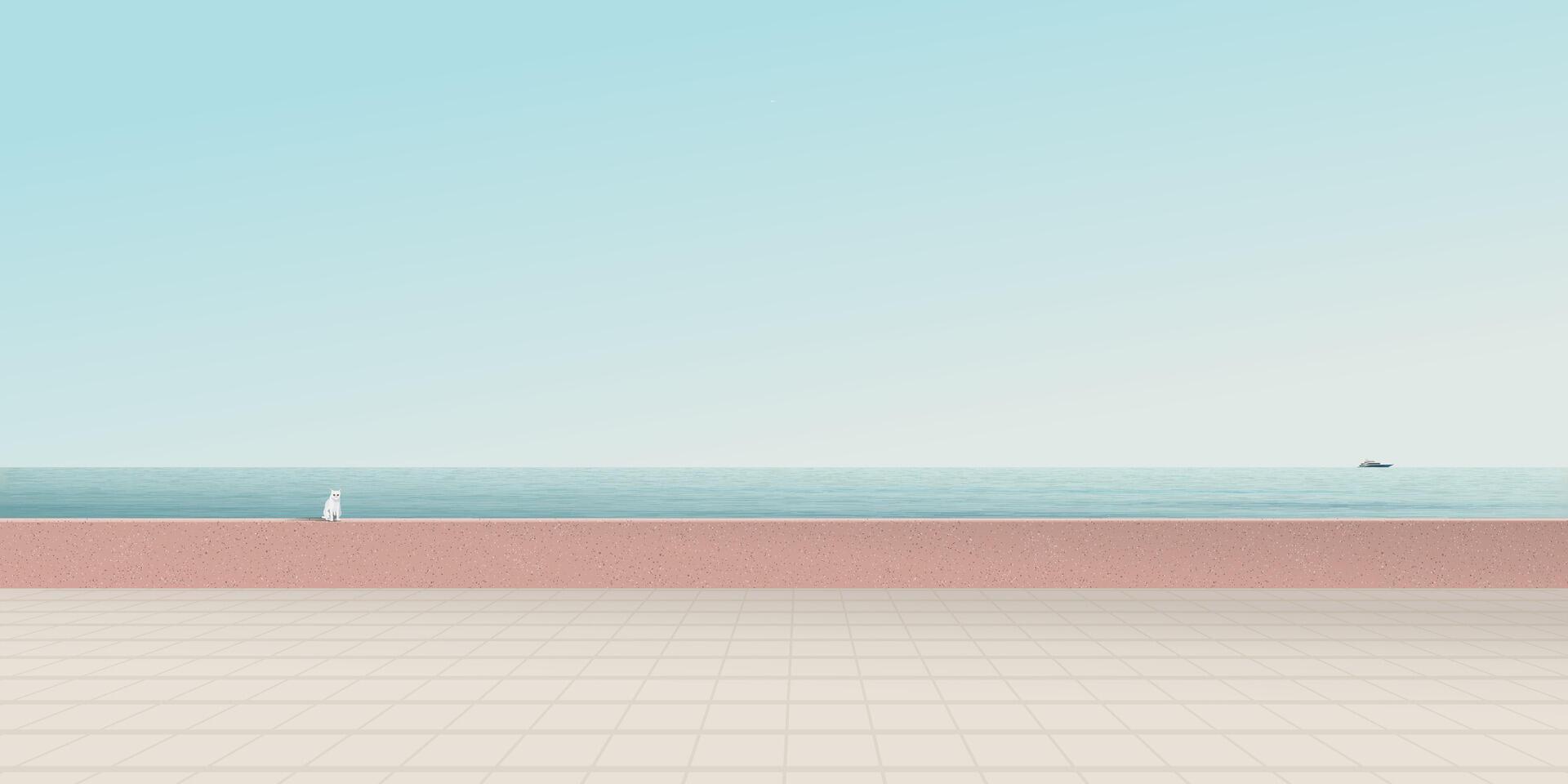 Minimalist seaside landscape with blue sky background have a cat sitting on cement barrier graphic illustration. vector