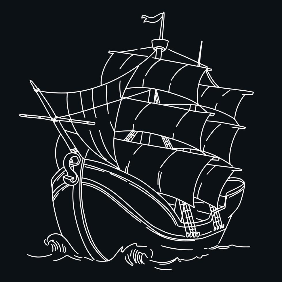 Ship sketch. White linear drawing on black background. Sailboat with raised sails sailing on waves. illustration. Sea vessel for retro design. vector
