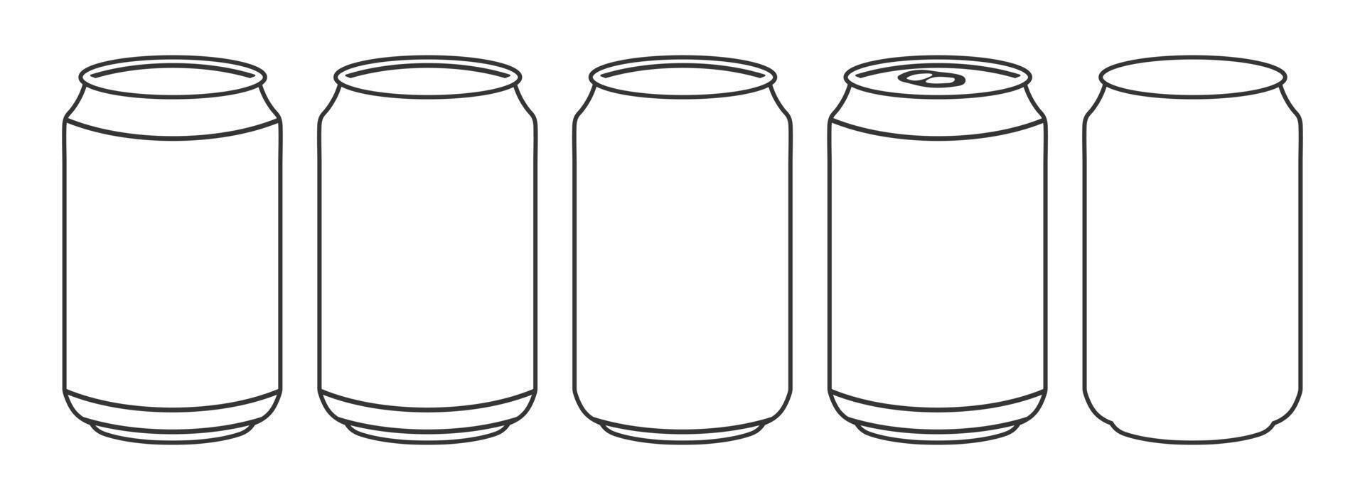 Soda, beer aluminium can icon shape outline set. Line art Drink packing container logo, sign, silhouette collection. illustration image. Isolated on white background. vector