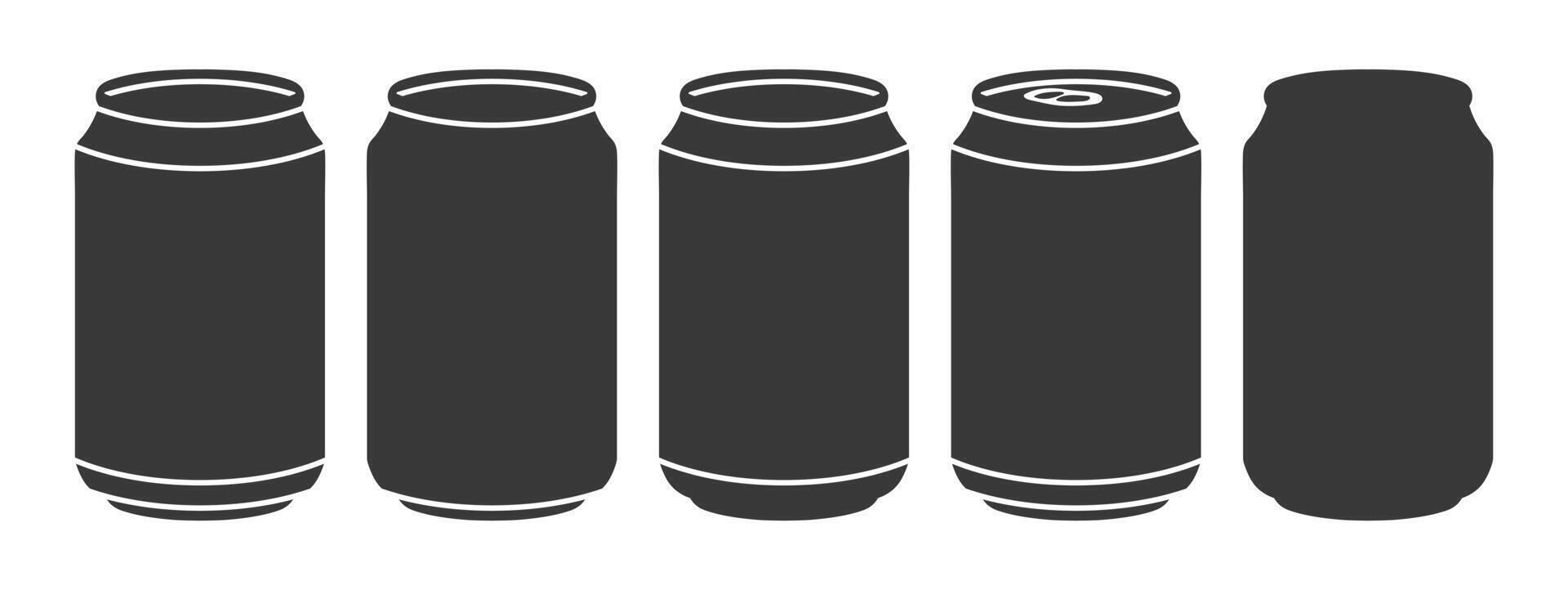 Soda, beer aluminium can icon shape set. Drink packing container logo, sign, silhouette collection. drink package illustration image. Isolated on white background. vector