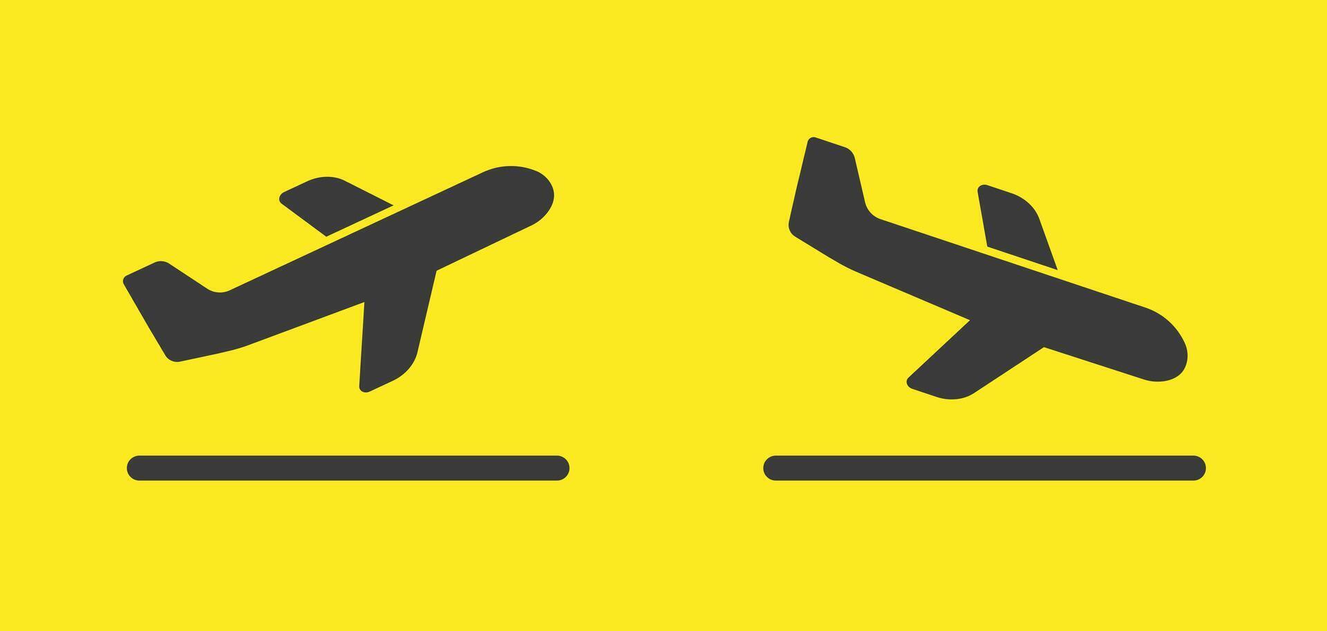 Take off and landing Plane icon symbol set. Arrivals, departures Flight transport sign logo. Airplane image. Travel flat illustration. Isolated on yellow background. vector