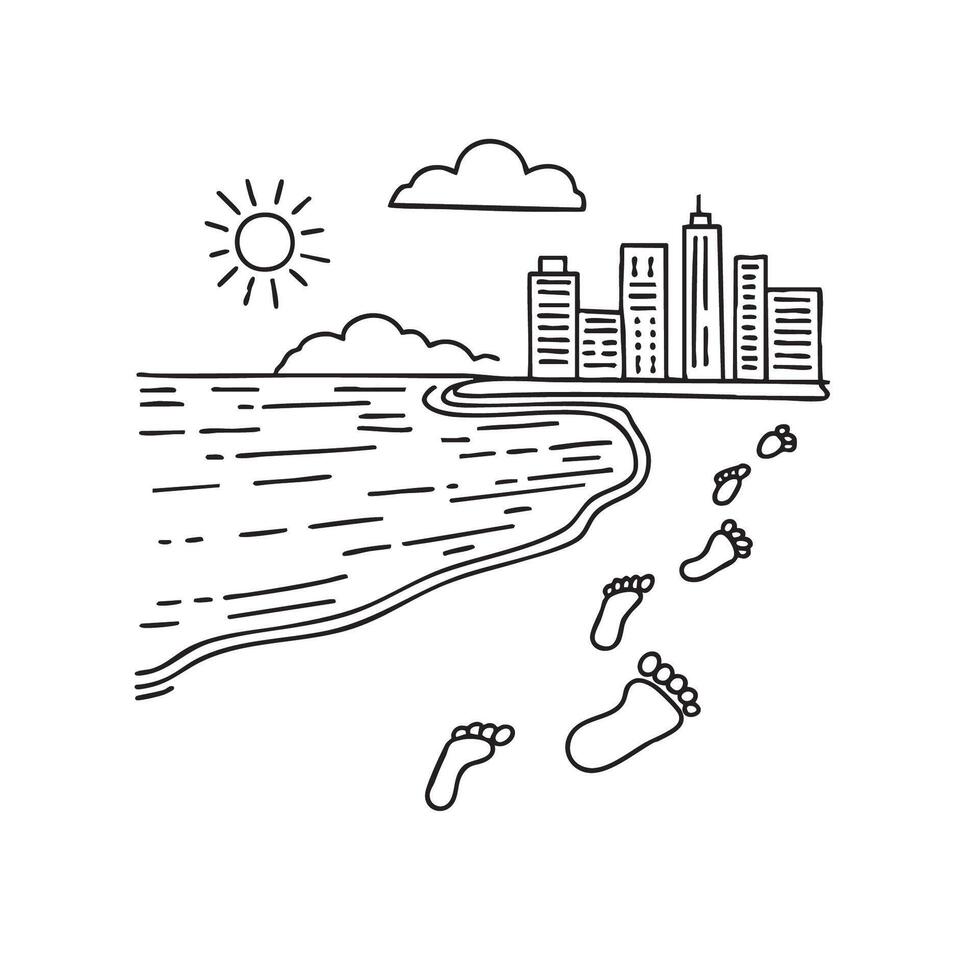 Footprints leading to waterline on shore vector