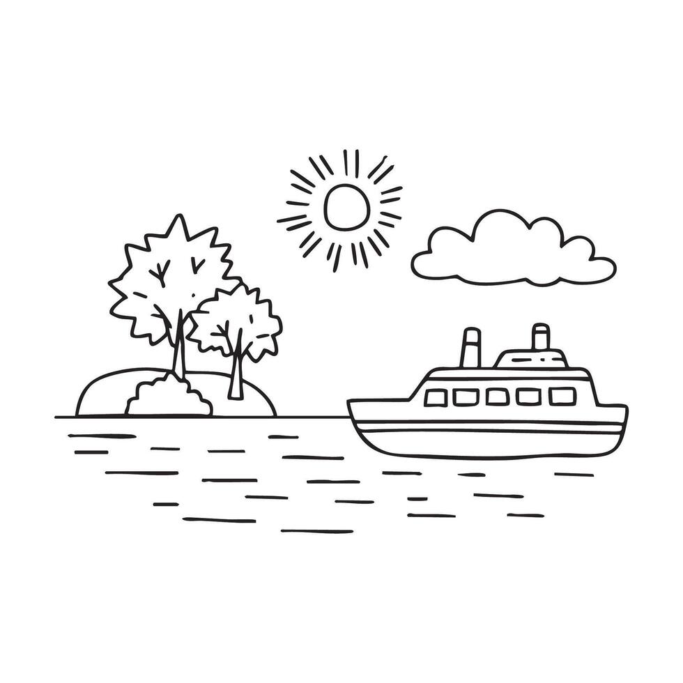 Ferry passing small island at dawn vector