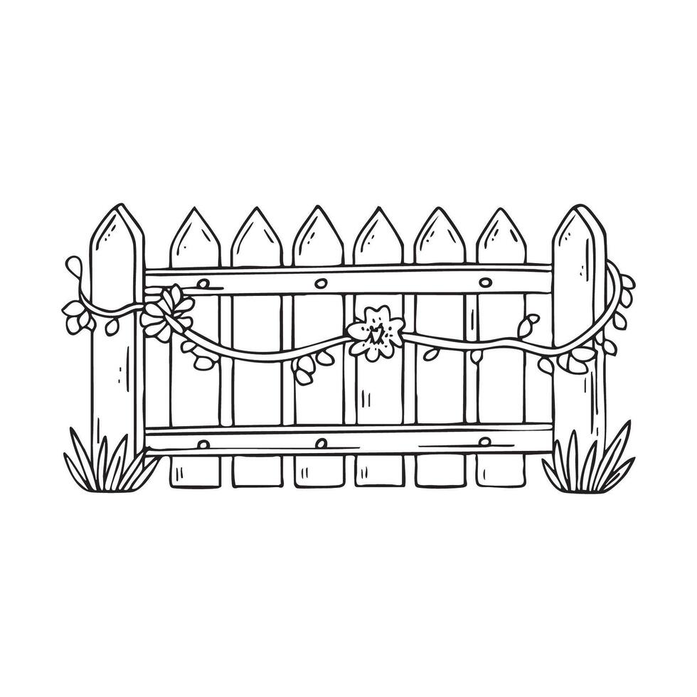 Fence overgrown with vines and flowers vector