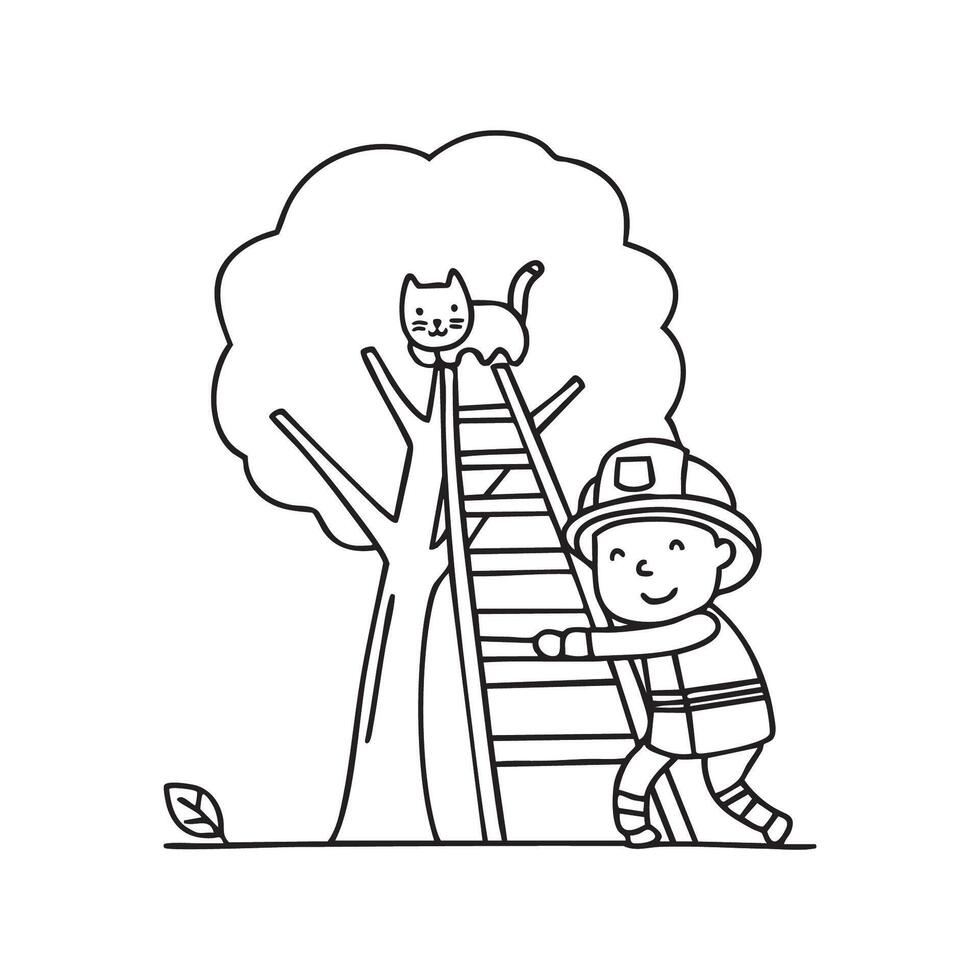 Firefighter rescuing cat on ladder vector