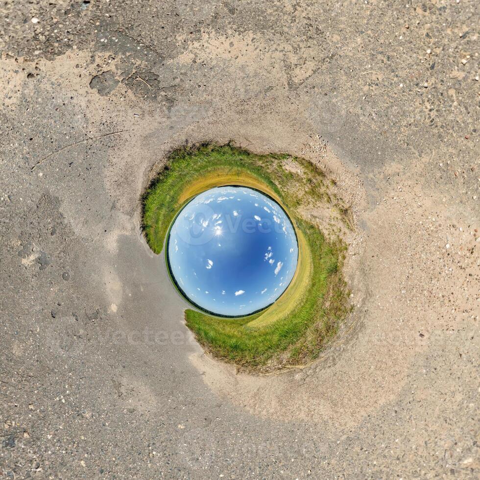 blue hole sphere or globe little planet inside green dry grass or stone with sand frame background photo