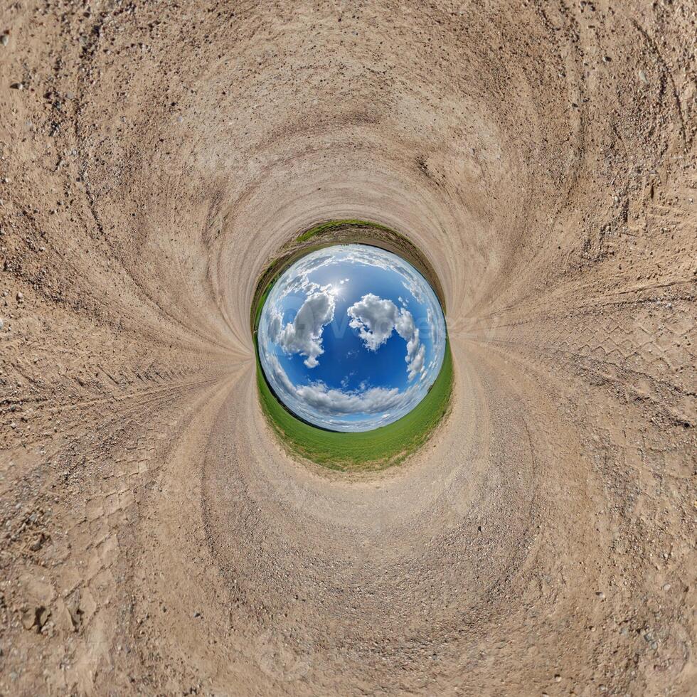 blue hole sphere or globe little planet inside green dry grass or stone with sand frame background photo
