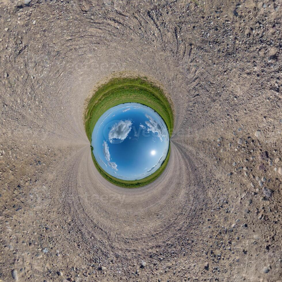 blue hole sphere or globe little planet inside green dry grass or stone with sand frame background photo