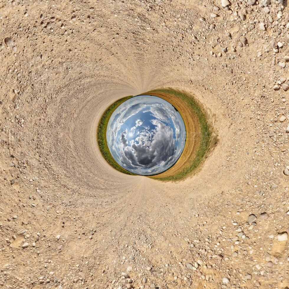 blue hole sphere or globe little planet inside green dry grass or stone with sand frame background photo
