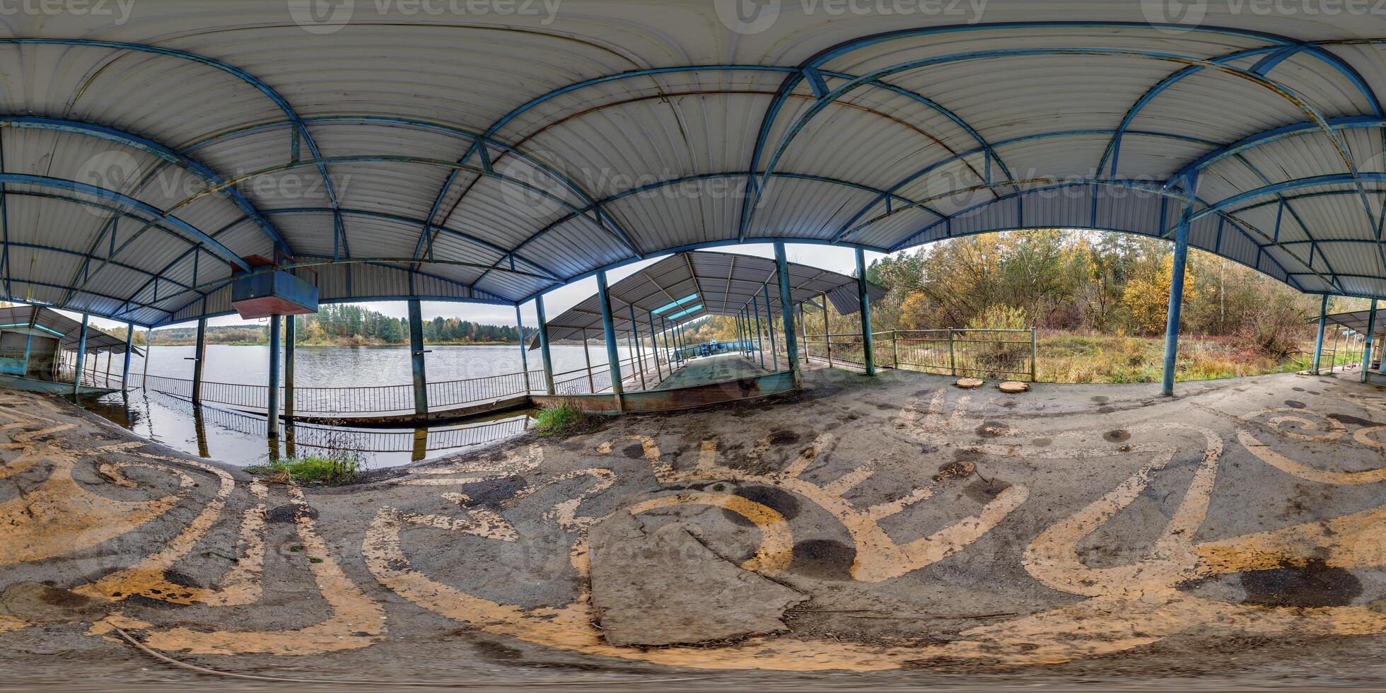 360 hdri panorama on deck of sunken abandoned landing stage ship debarkader on bank of wide river in equirectangular full seamless spherical projection, VR content photo