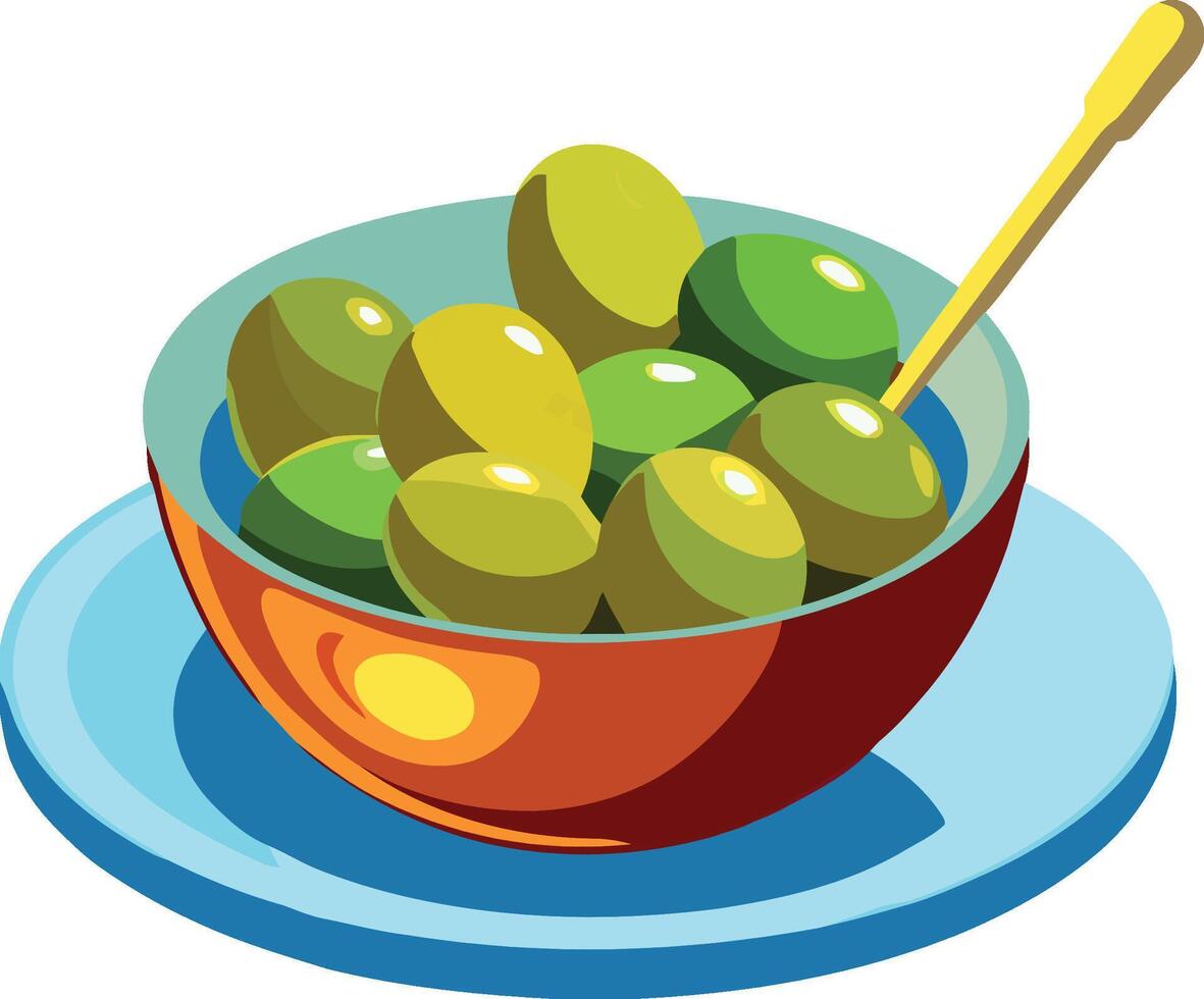A bowl of olives with a spoon vector