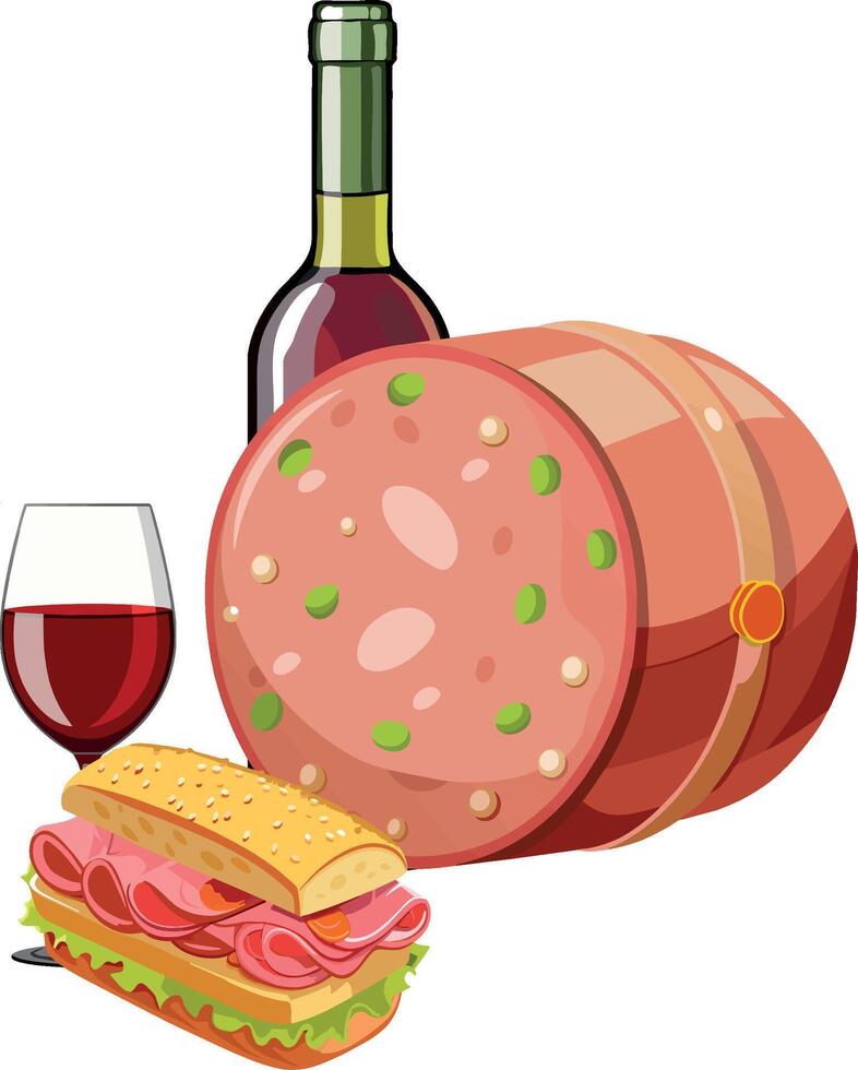 A sandwich, wine and ham with a glass of red wine vector