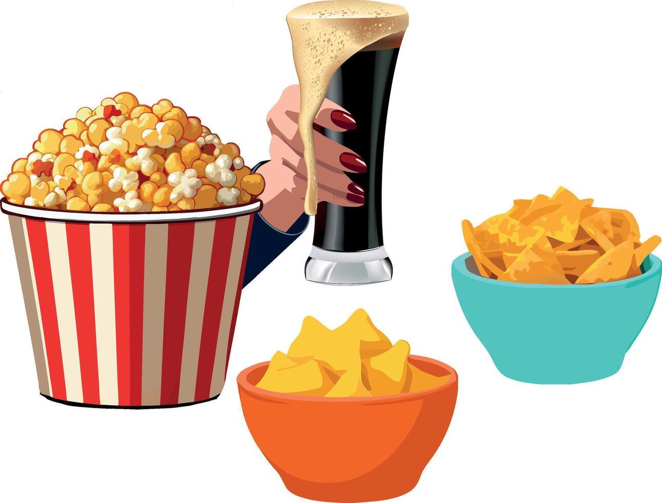 A hand holding a beer and popcorn vector