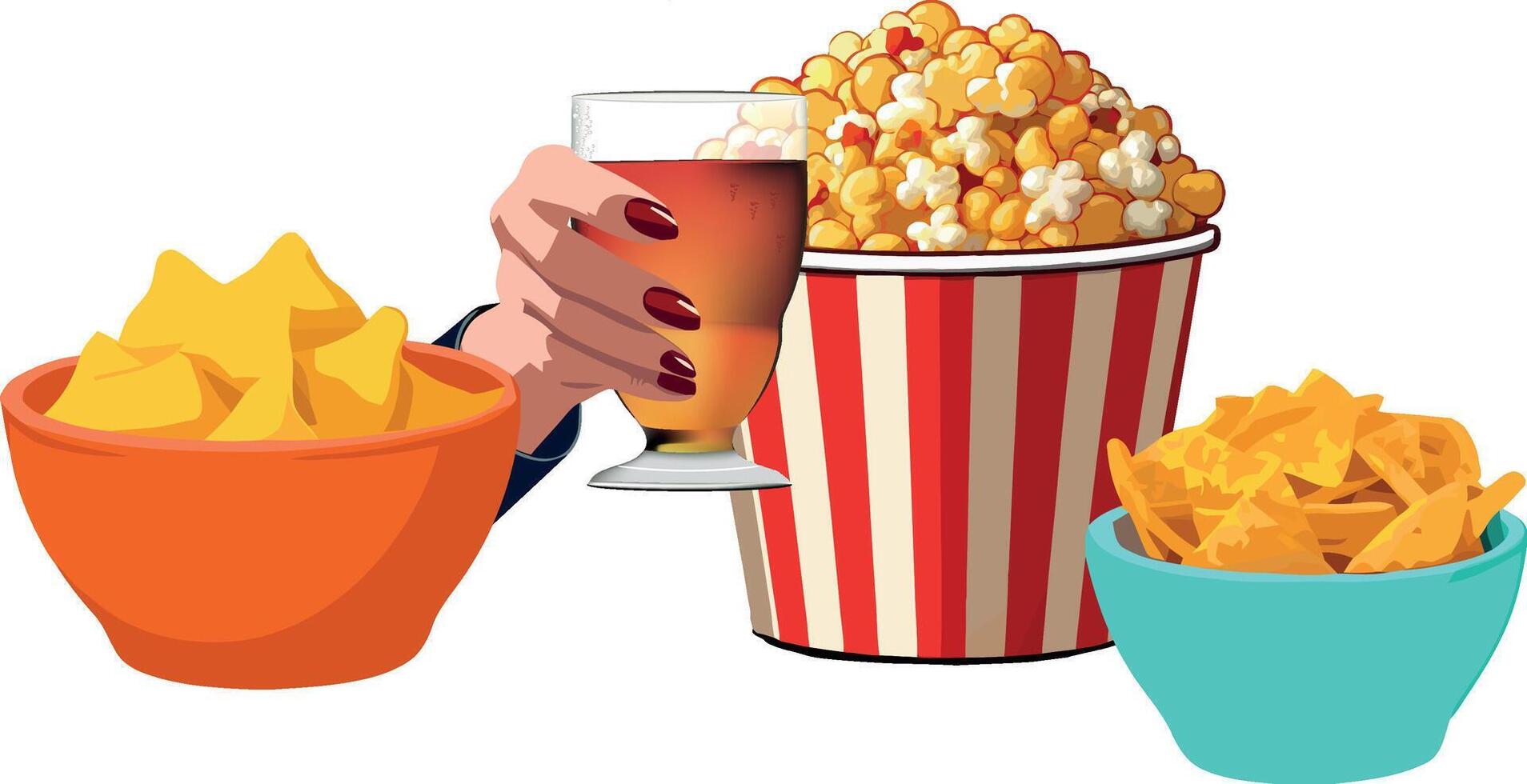 A hand holding a glass of beer and popcorn vector
