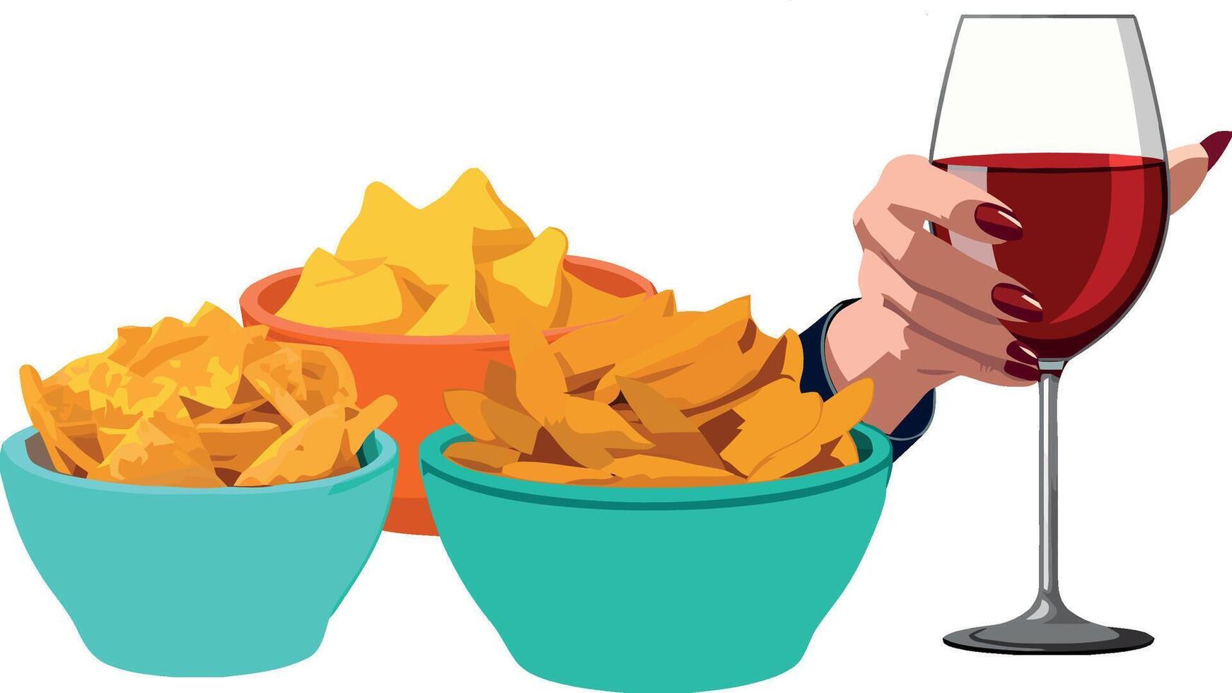 A hand holding a glass of wine and chips vector