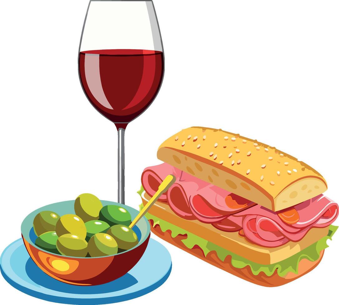 A sandwich and a glass of wine are shown vector
