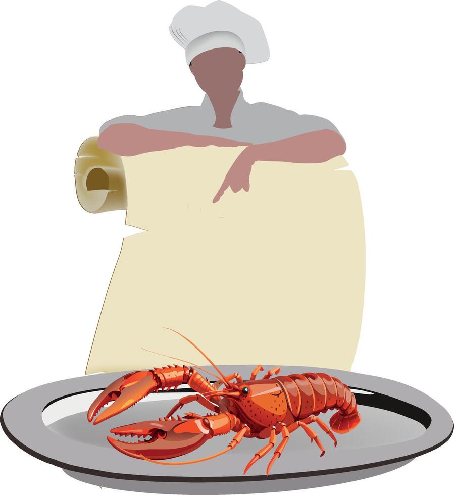 A chef holding a lobster on a plate vector