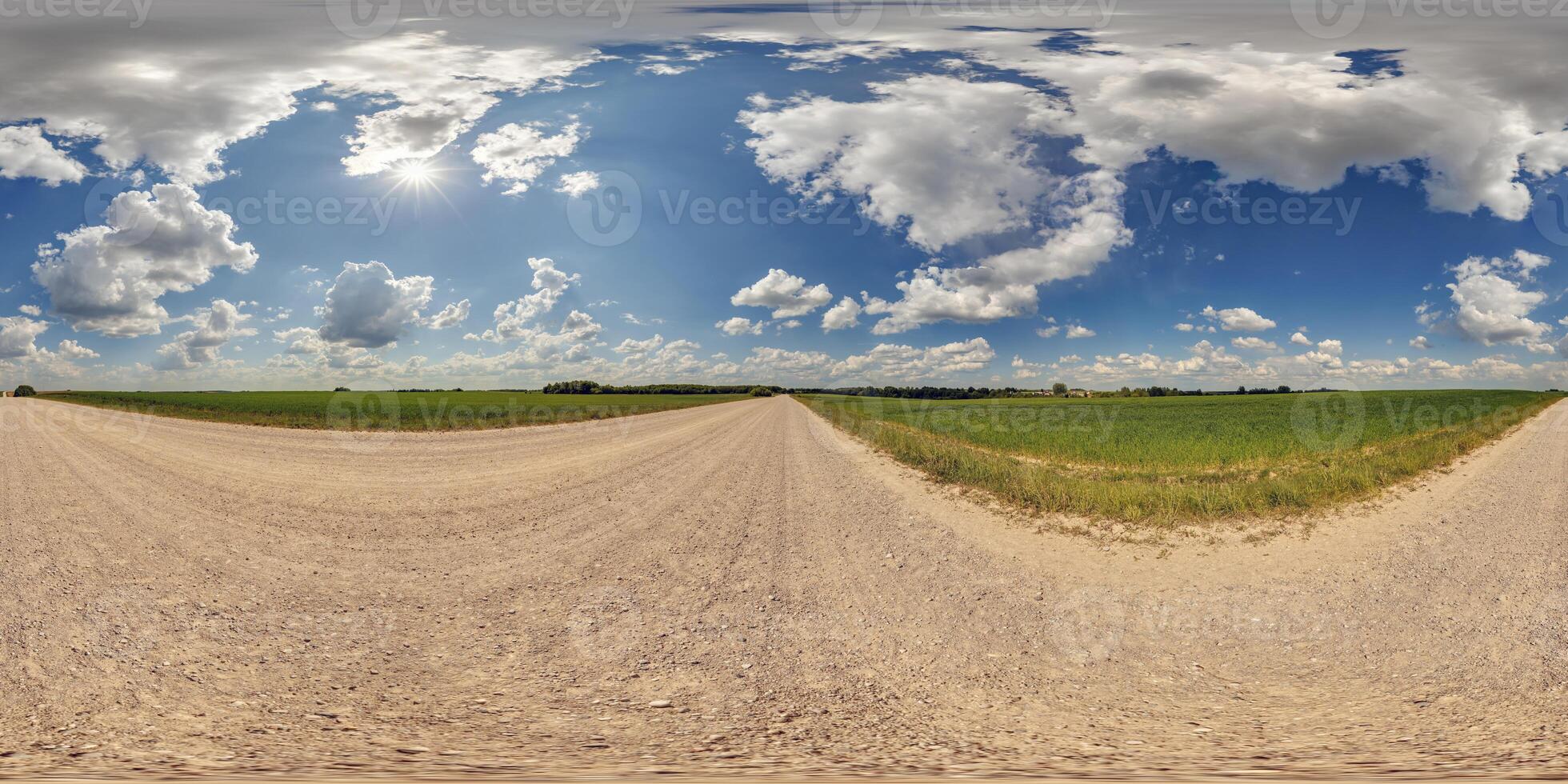 blue sky hdri 360 panorama with awesome clouds on gravel road among fields in spring day in equirectangular full seamless spherical projection, for VR AR content or skydome replacement photo