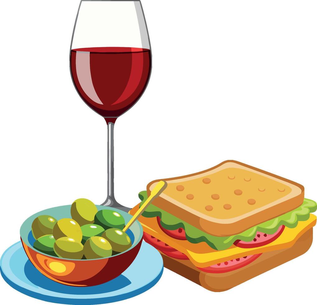 A sandwich and a glass of wine are shown vector