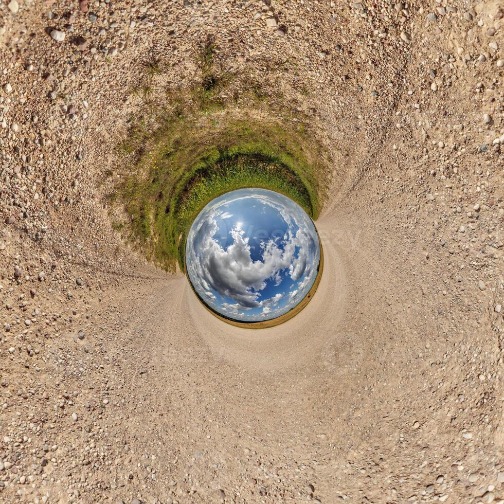 blue hole sphere or globe little planet inside green dry grass or stone with sand frame background photo