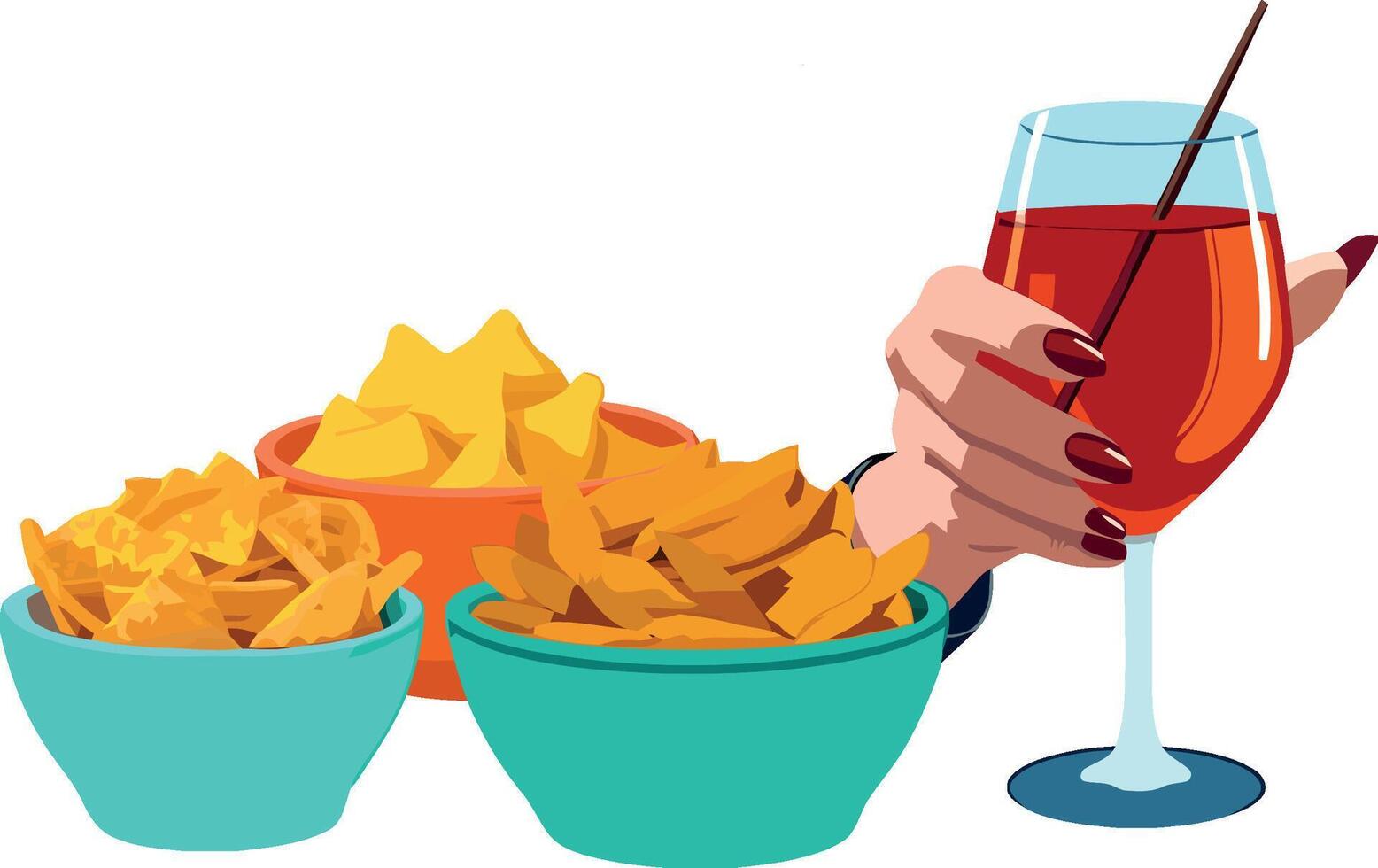 A hand holding a glass of wine and chips vector