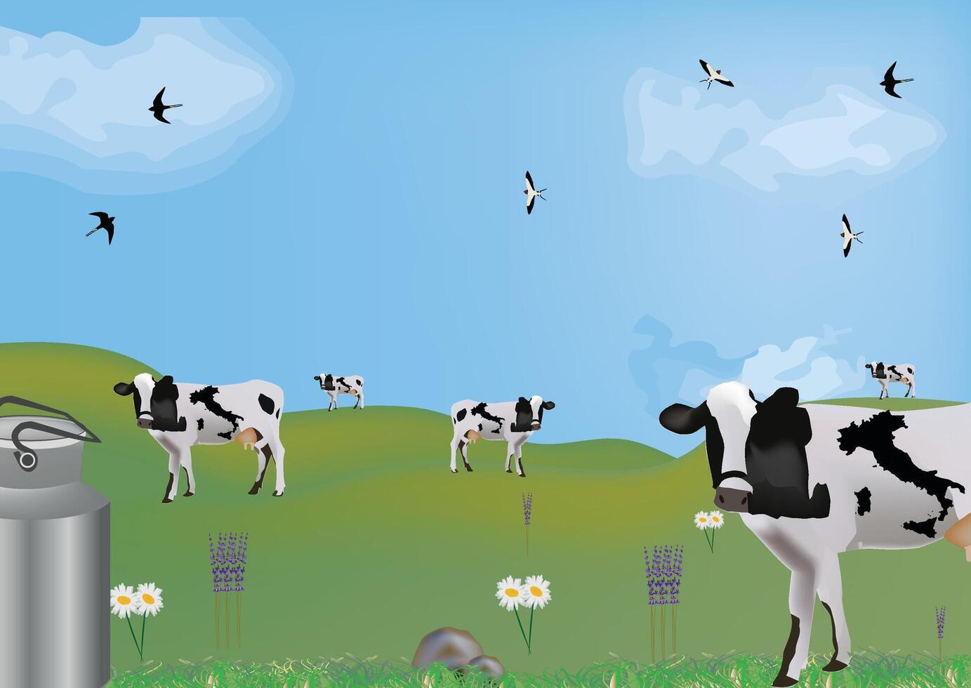 A cow is standing in a field with a can of milk vector