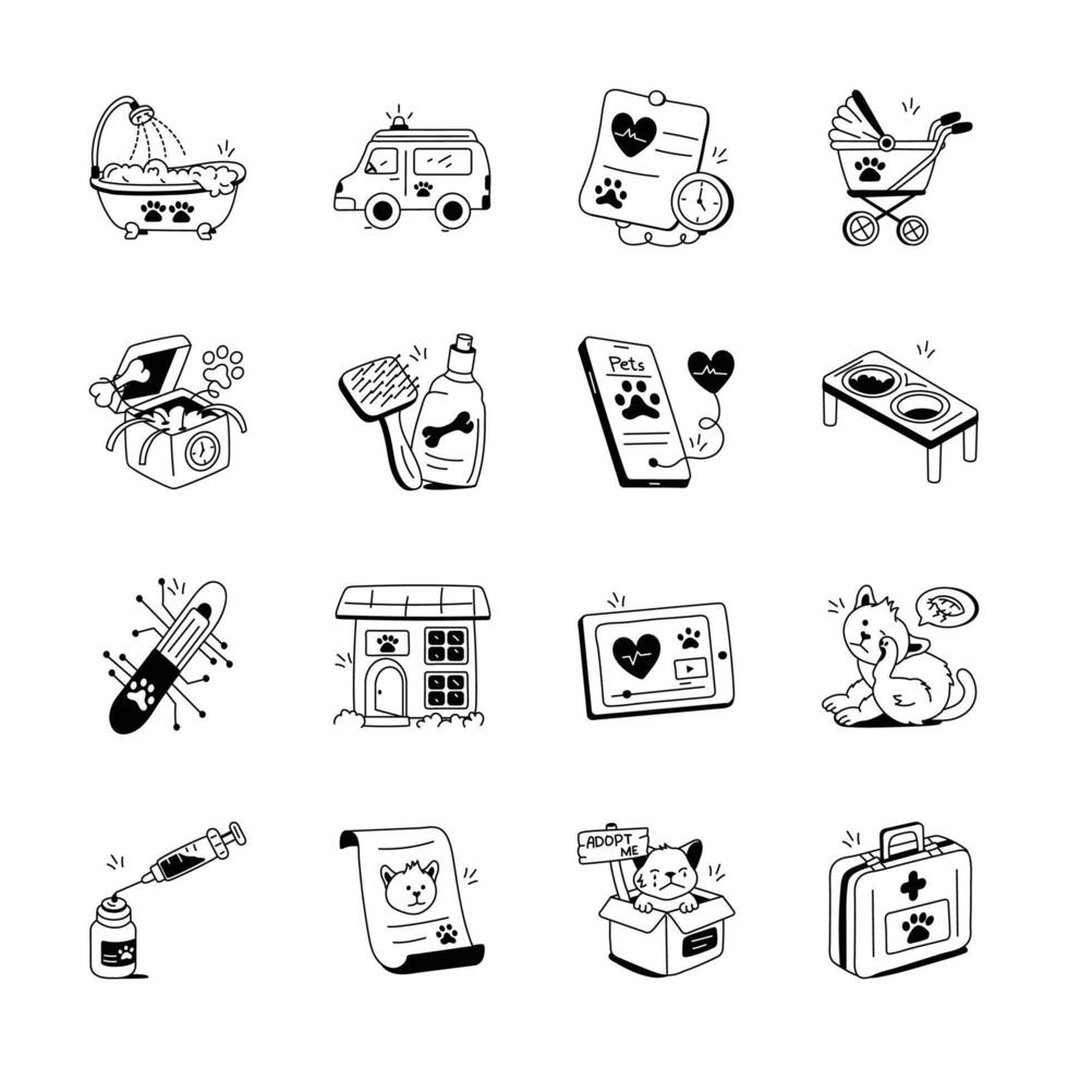 A set of simple, hand drawn icons depicting various aspects of pet care vector