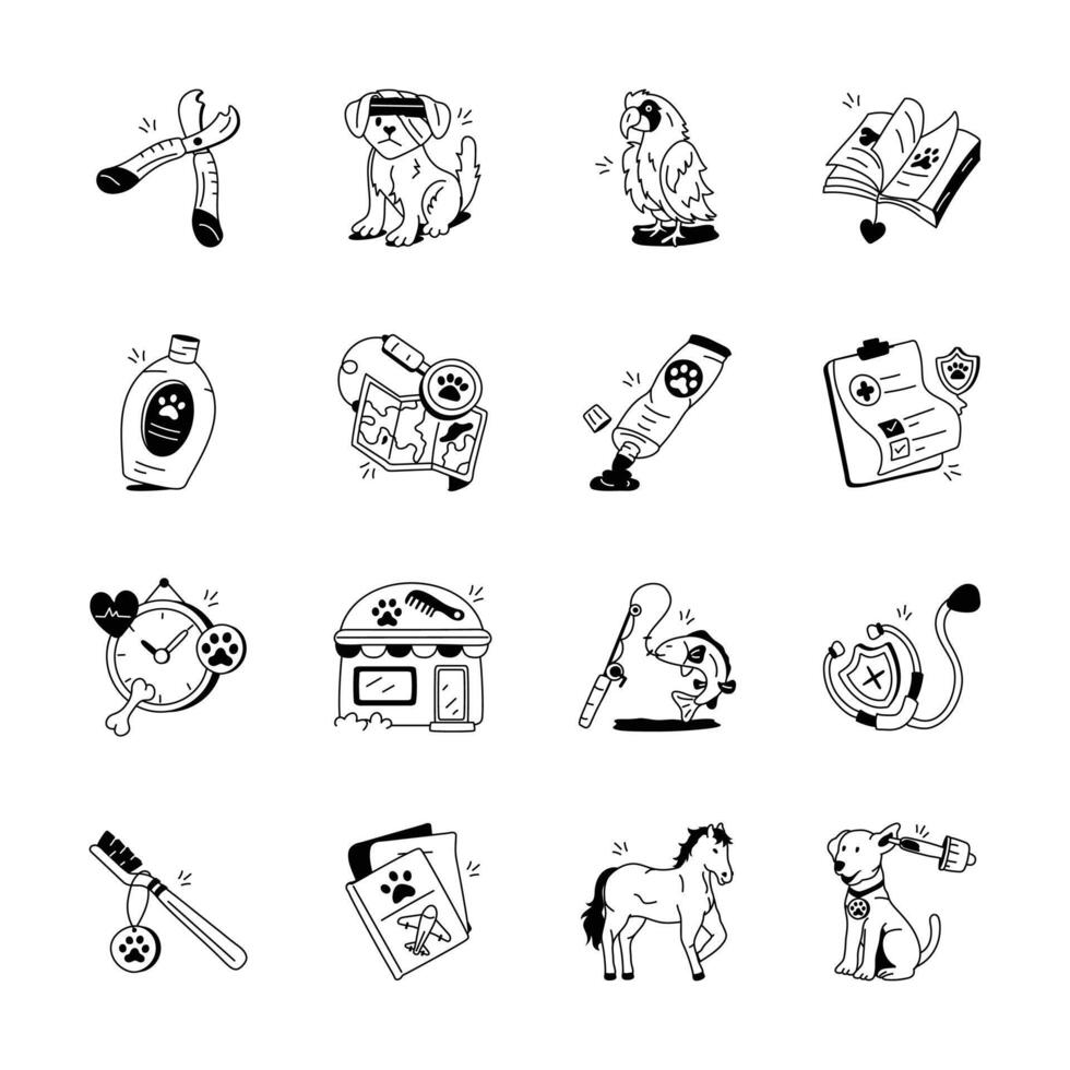 This set of hand drawn icons depicts various pet care elements, from veterinary tools like bandages vector