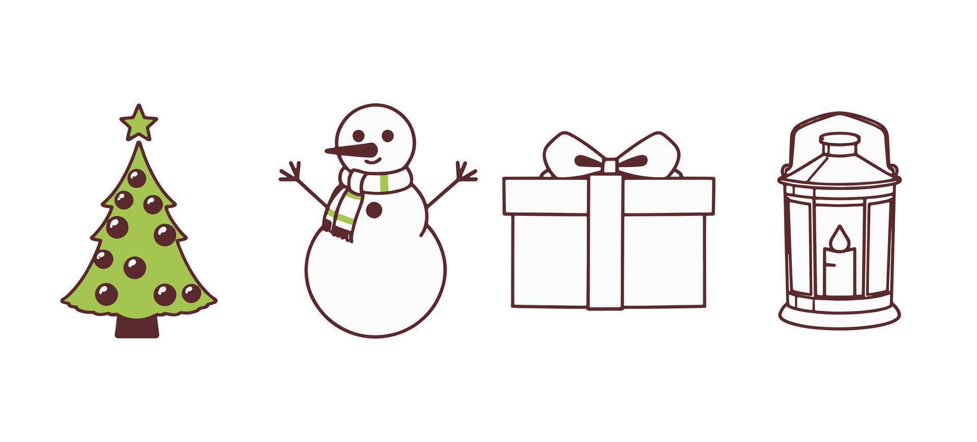 Festive holiday symbols featuring a Christmas tree, snowman, gift box, and lantern in a cheerful arrangement vector