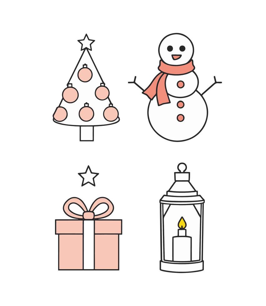 Creative holiday icons featuring a Christmas tree, snowman, gift box, and lantern in a festive design vector