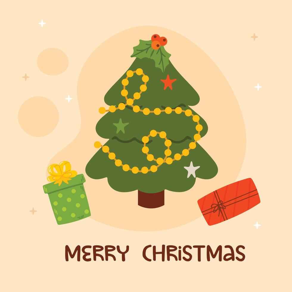 Christmas simple card Christmas tree with decor Flat christmas tree illustration vector