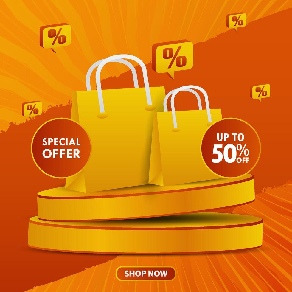 yellow sale banner with shopping bags and discount sign vector