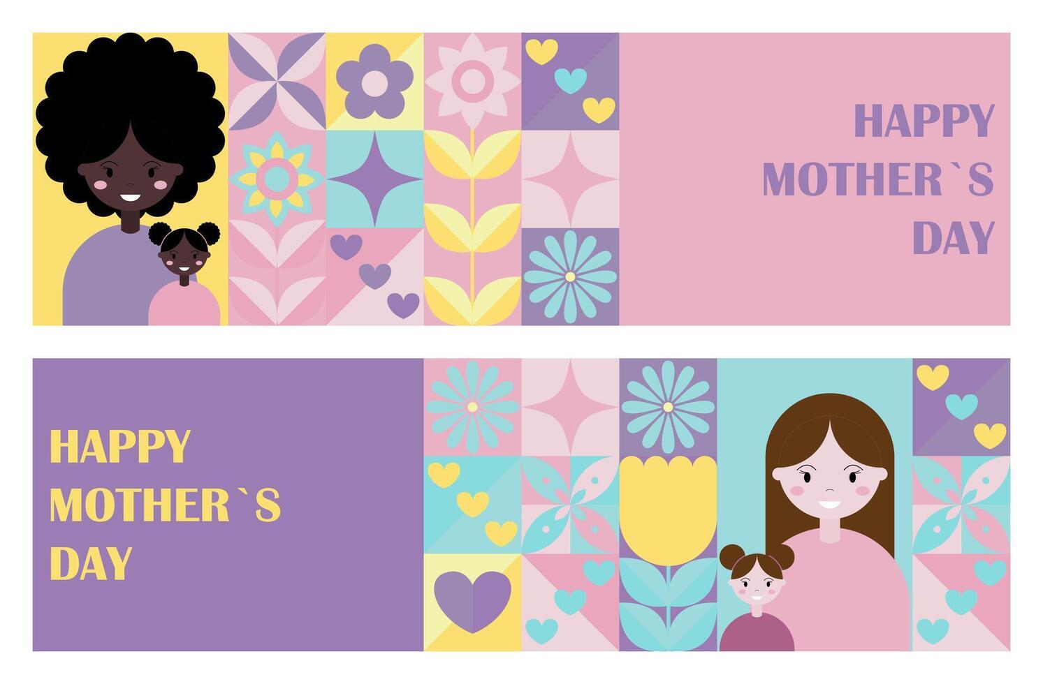 Set of horizontal Happy Mothers Day banners. Greeting card design template with abstract geometric print. illustration vector