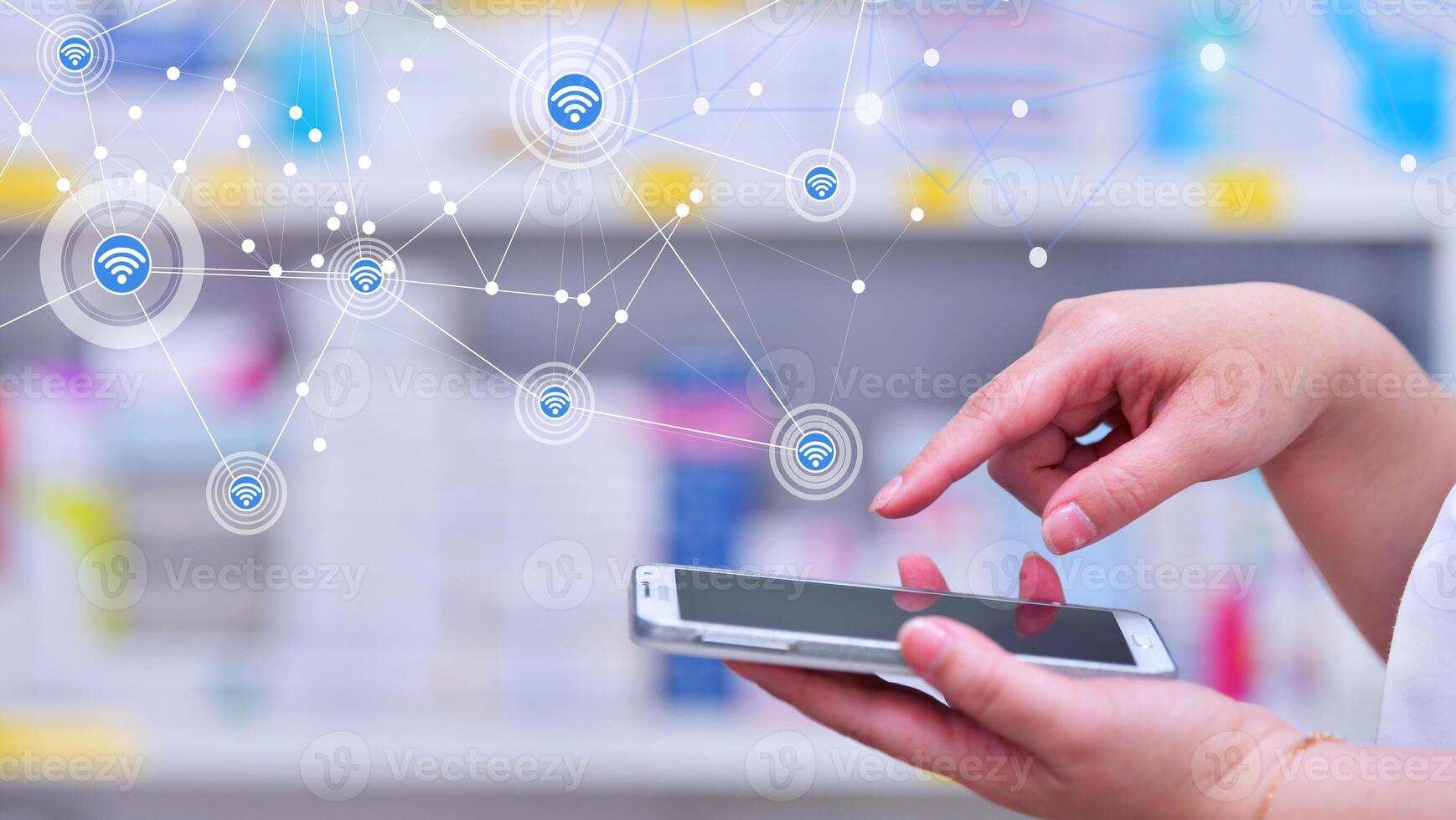 Pharmacist using mobile smart phone for search bar on display in pharmacy drugstore shelves background.Online medical concept. photo