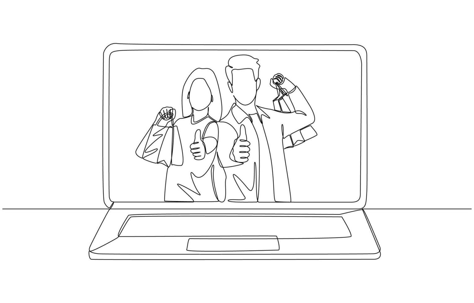 Continuous one line drawing of couple appearing on laptop screen holding paper bags and making thumbs up, online shopping with good response concept, single line art vector