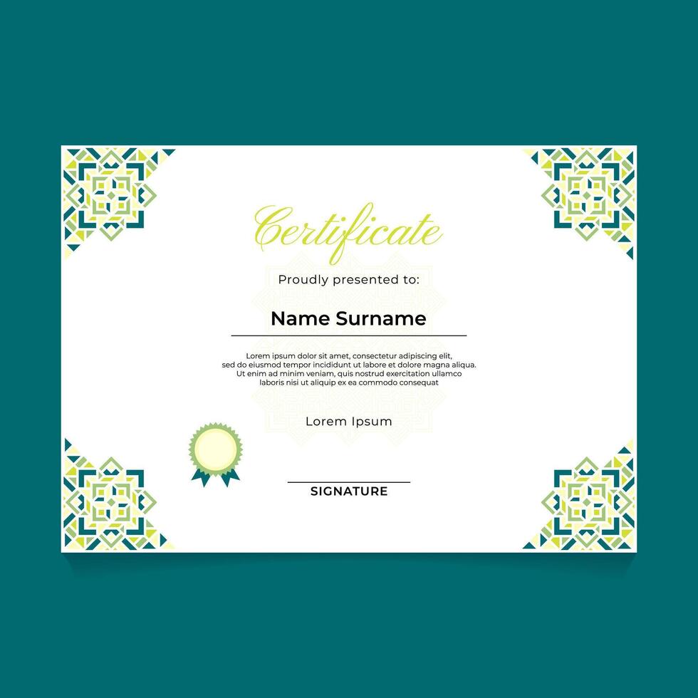 Certificate Template Design with Green Pastel Neon Corner Ornament vector