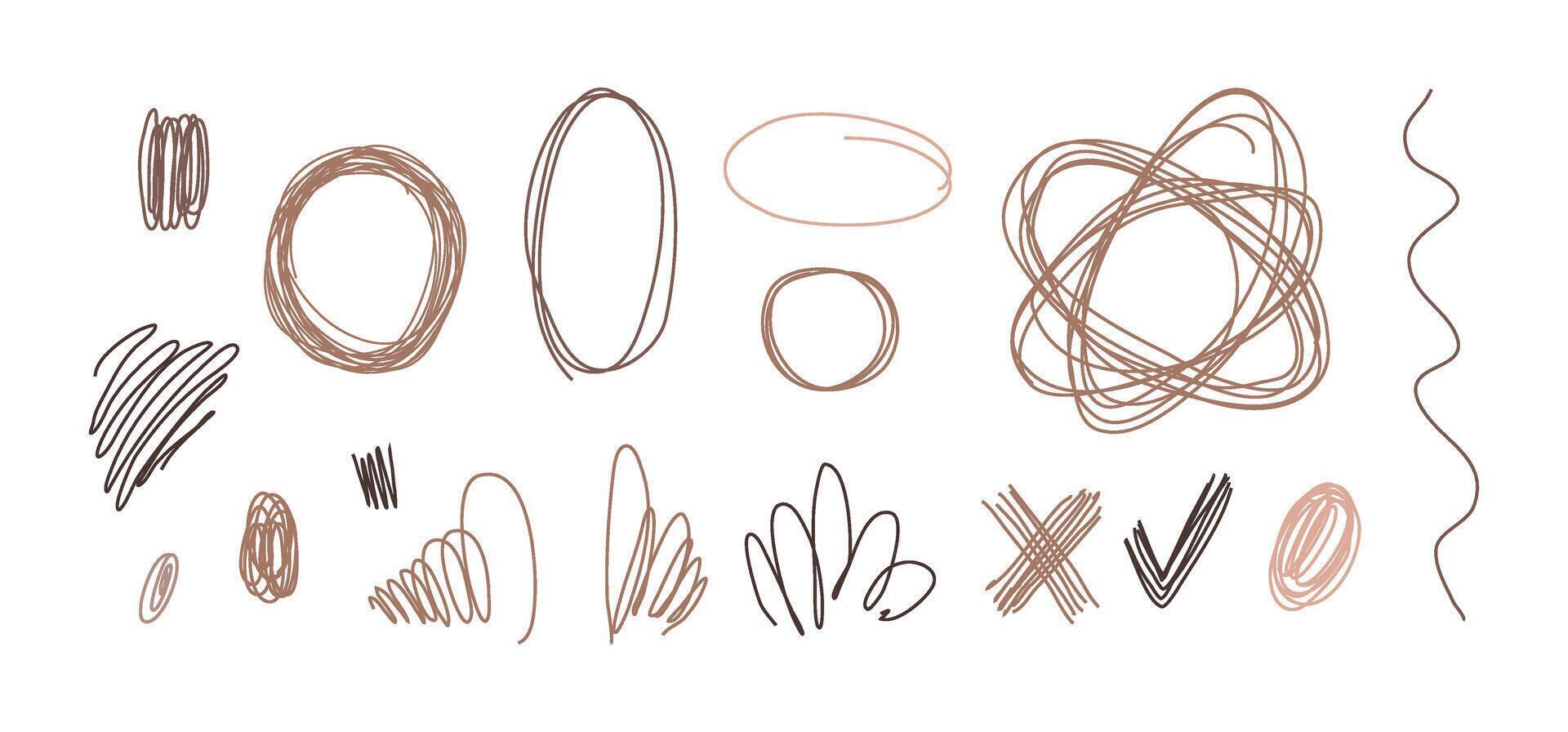 Set of children doodles on white background. Minimalist abstract shapes collection. Editable line. Mocha colors doodle bundle for fashion design, summer season concept. Modern hand drawn set. vector