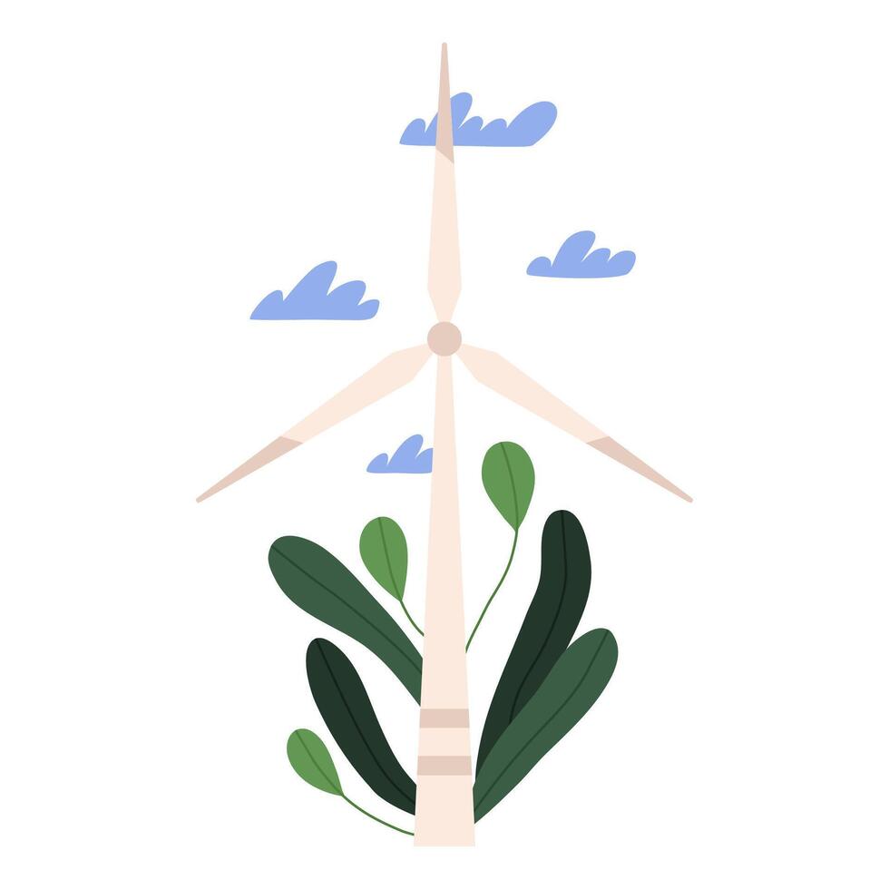 Windmill wind power generation. Sustainable wind turbine. Eco friendly electricity green energy technology. Flat illustration isolated on white background. vector