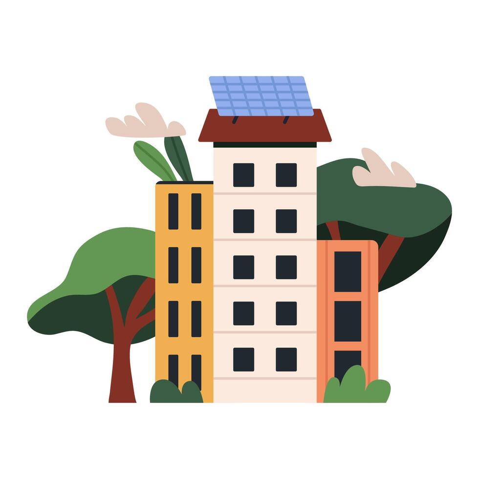 Green city with Solar Panel on the roof. Environmental sustainability concept. Flat illustration isolated on white background. vector