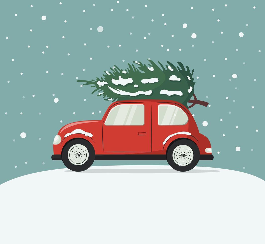 Red retro car with a Christmas tree on the roof. It is snowing. Holiday atmosphere. illustration for a postcard. vector