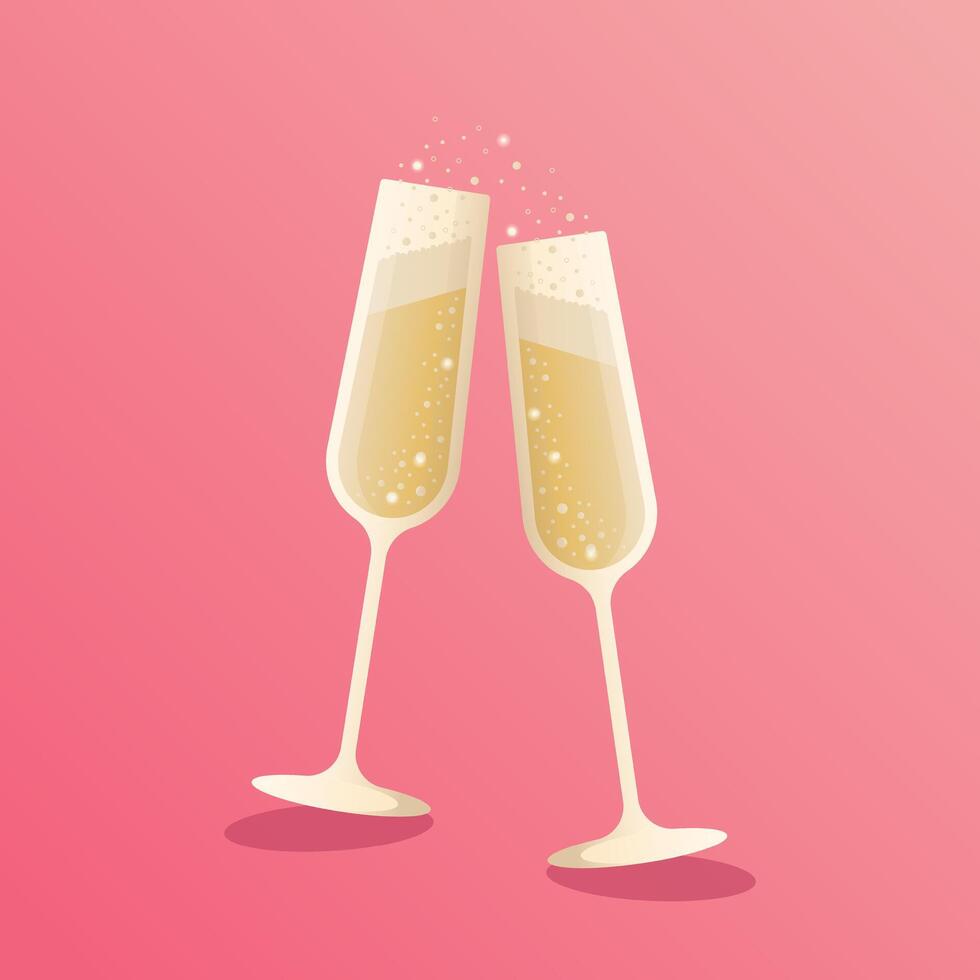 Glasses with champagne on a pink background. Sparkling wine, bubbles. Holiday design, illustration. Icon, single object vector