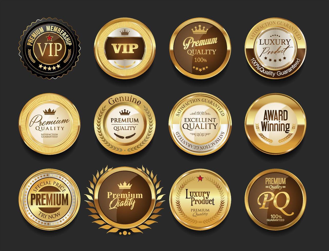 Luxury and premium quality retro badges gold and silver collection isolated on black background vector