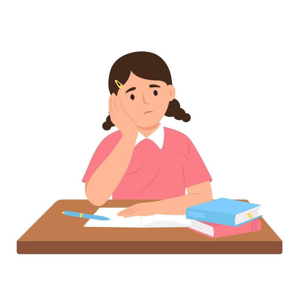 Sad girl doing homework .Schoogirl feeling boredom.V vector